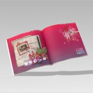 Double page magazine style spread with the word "Love" on the corner of the design