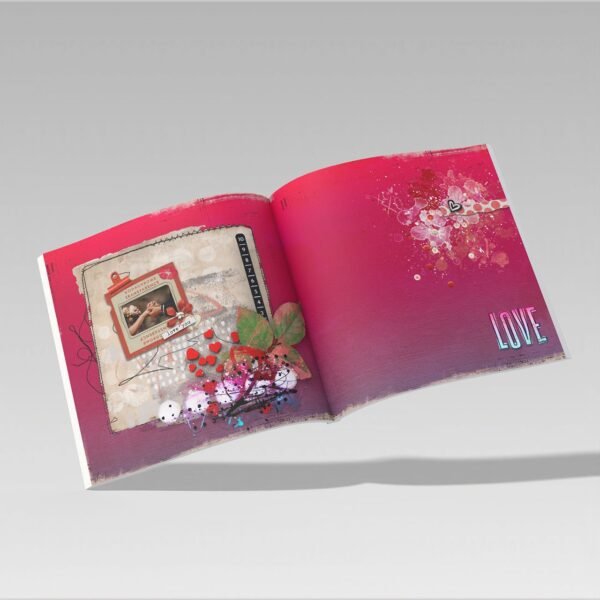 Double page magazine style spread with the word "Love" on the corner of the design