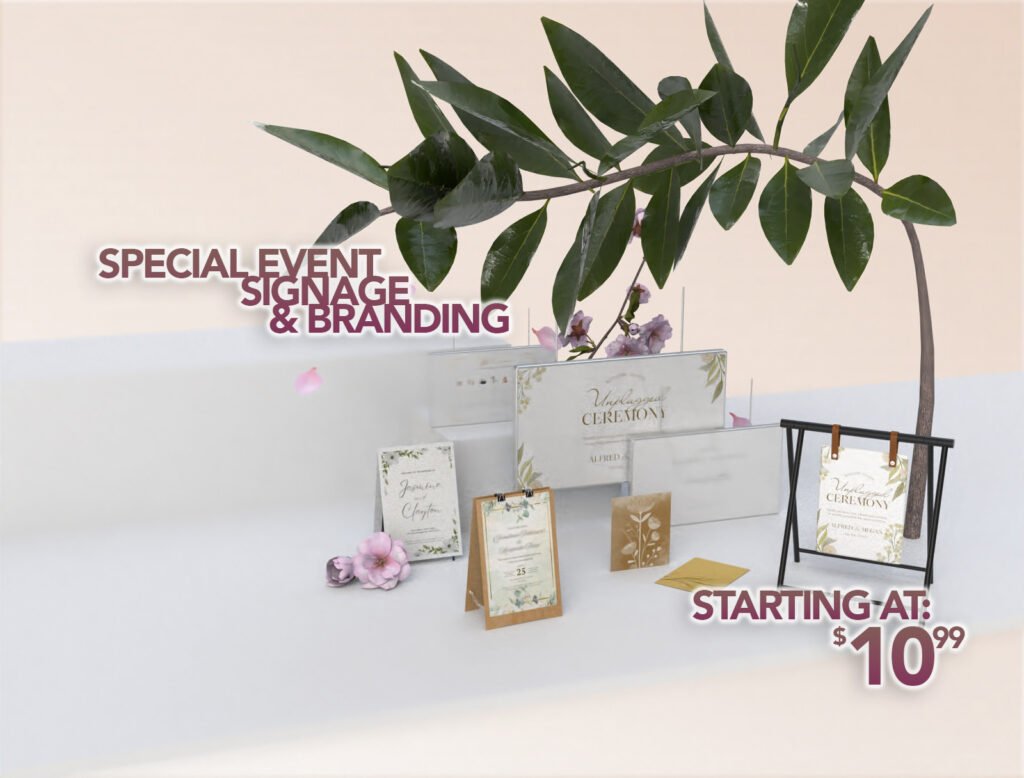 Advertising image for the corporate and event signage category. It has multiple different types of signs that are shown hanging from the "imaginary" ceiling. There is one acrylic sign in a poster sign rack like what you would see on a sidewalk or in a store. - Special Event & Occasion Signs