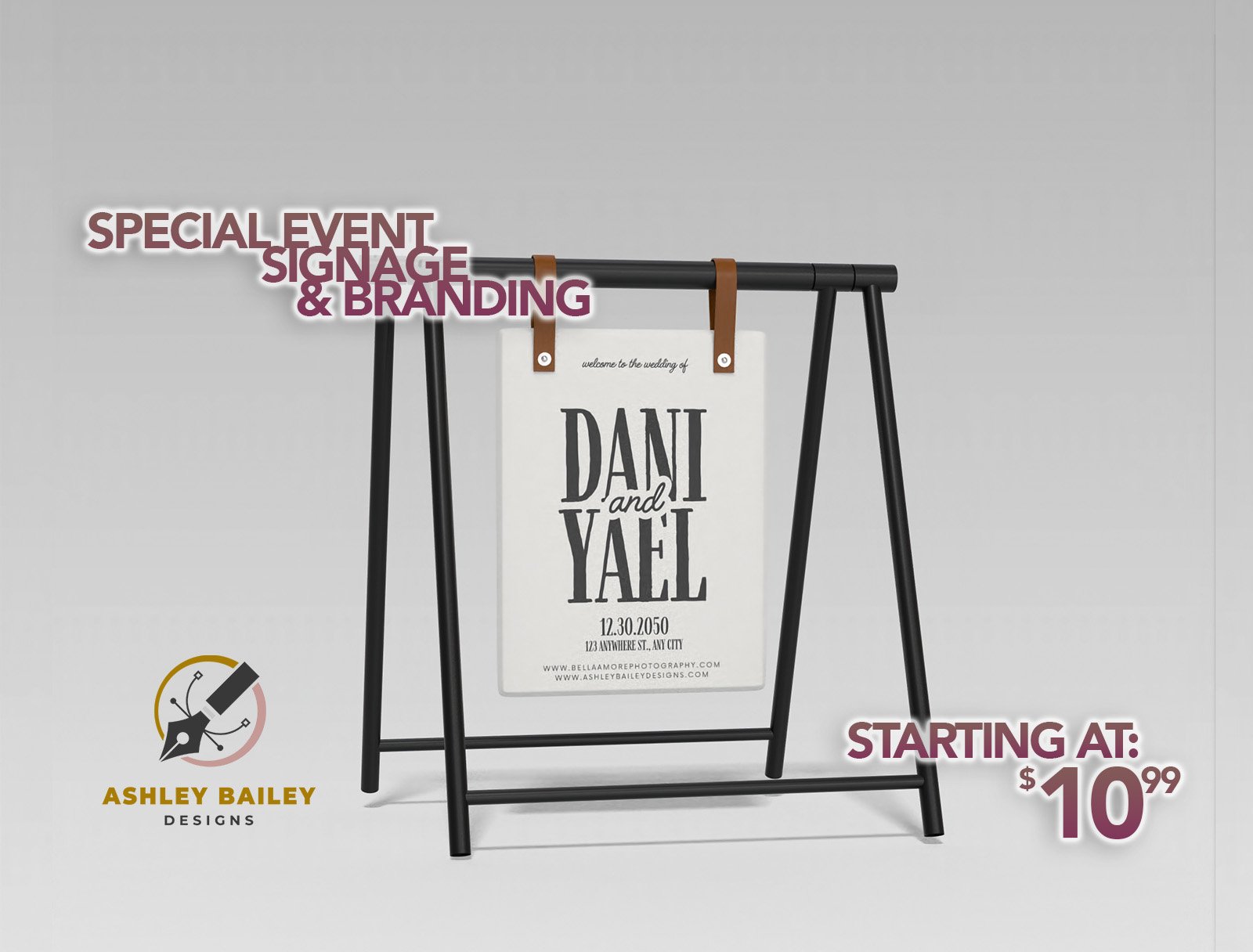 Advertising image for the corporate and event signage category. It has multiple different types of signs that are shown hanging from the "imaginary" ceiling. There is one acrylic sign in a poster sign rack like what you would see on a sidewalk or in a store. - Special Event & Occasion Signs