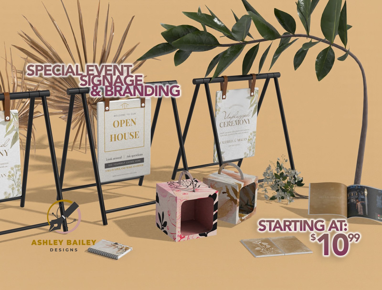 Advertising image for the corporate and event signage category. It has multiple different types of signs that are shown hanging from the "imaginary" ceiling. There is one acrylic sign in a poster sign rack like what you would see on a sidewalk or in a store. - Special Event & Occasion Signs