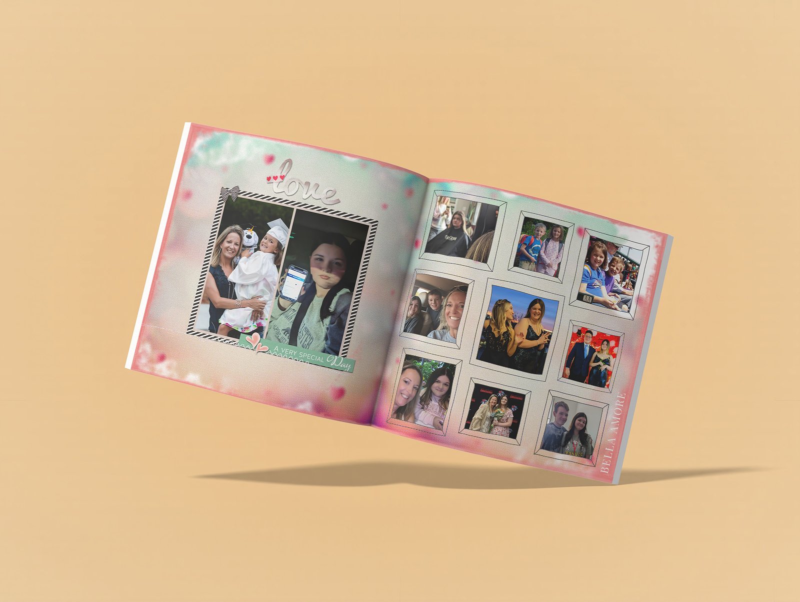 Bella Amore Photography and Memory Photo Album Templates, a book page rendered in 3D so that you can see a magazine style layout across two pages which is perfect for artists, photographers, interior designers, and other professionals who need a photo album template