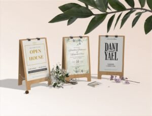 Three sandwich boards standing in a 3D view for advertising purposes - Premium Event Posters & Custom Signage – From Intimate Gatherings to Grand Celebrations Designed by Bella Amore.store