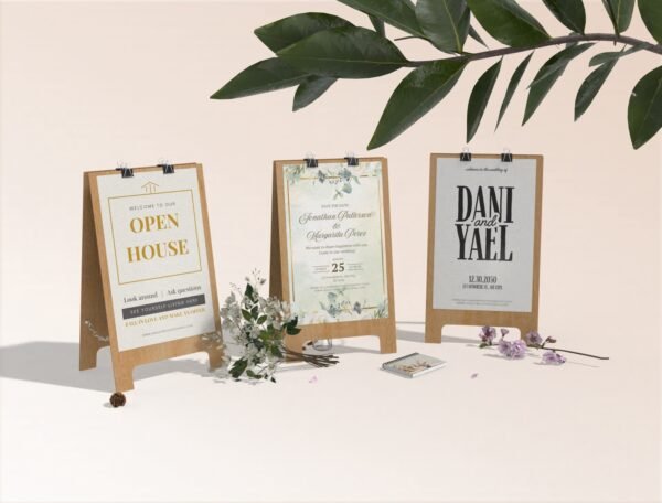 Three sandwich boards standing in a 3D view for advertising purposes - Premium Event Posters & Custom Signage – From Intimate Gatherings to Grand Celebrations Designed by Bella Amore.store