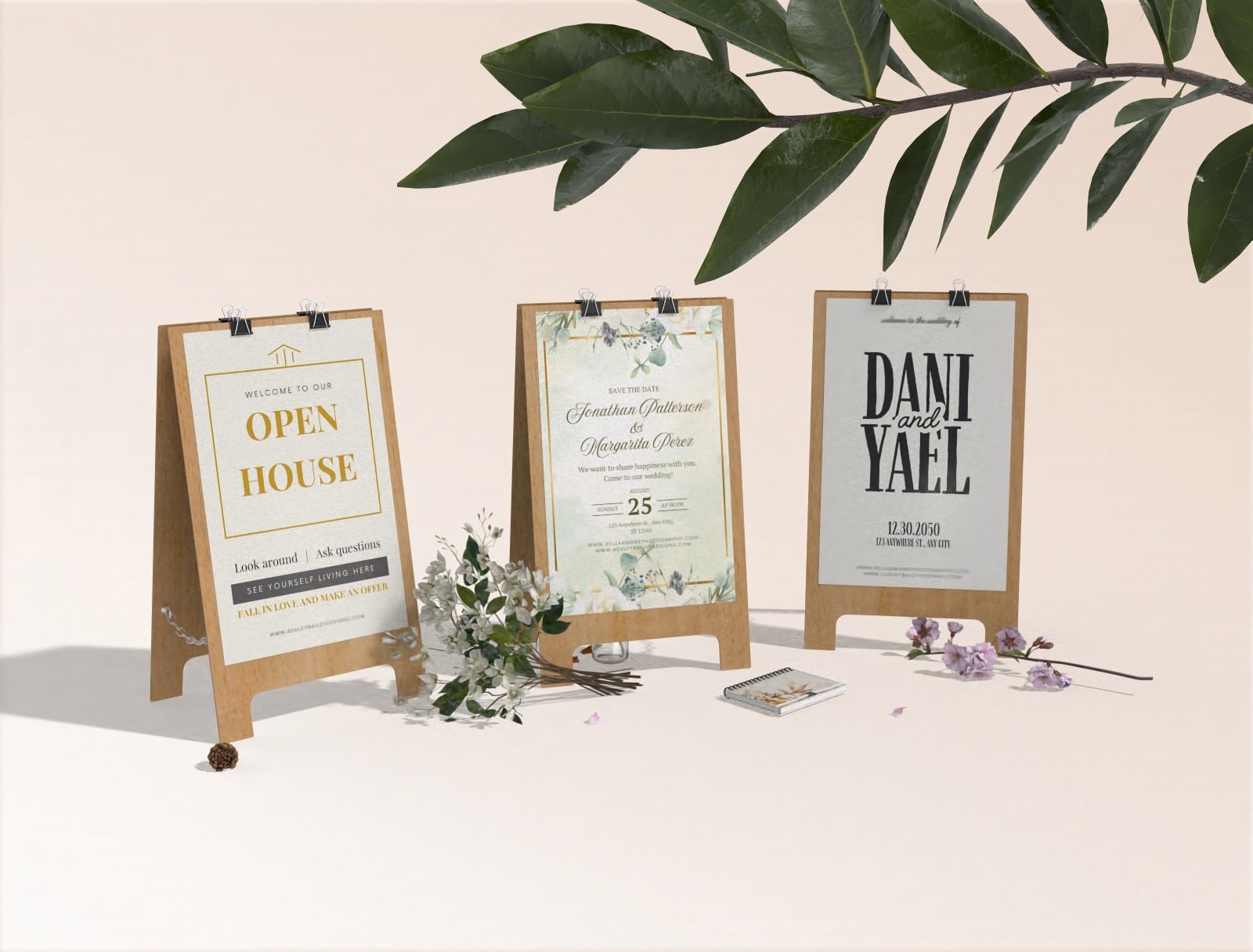 Three sandwich boards standing in a 3D view for advertising purposes - Premium Event Posters & Custom Signage – From Intimate Gatherings to Grand Celebrations Designed by Bella Amore.store
