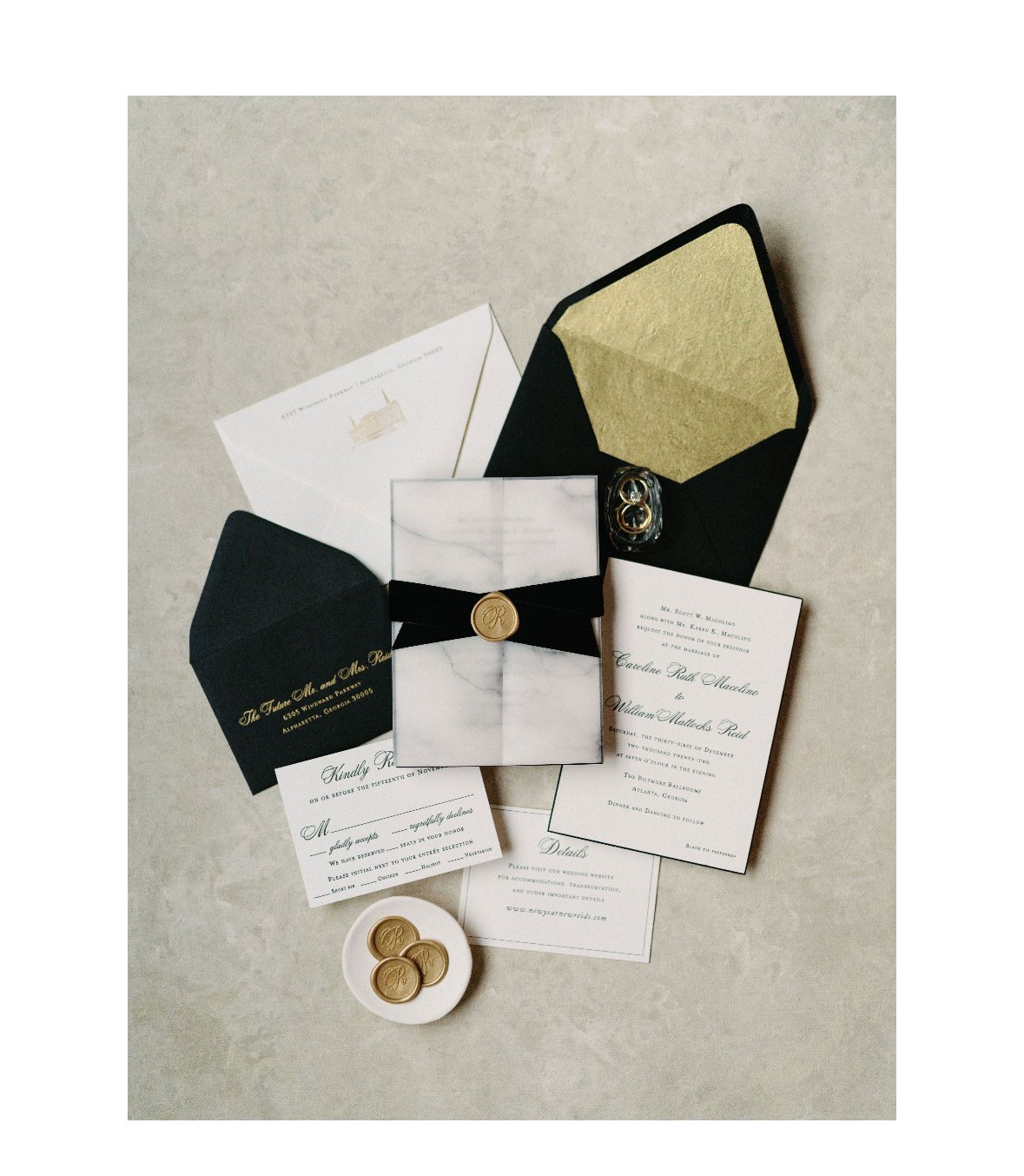 Gate Folded Invitations: These architectural masterpieces unfold to reveal wedding details with dramatic elegance, perfect for formal weddings in Atlanta and Augusta Foil Lined Envelopes: Add luxury from the moment guests open their mail, with rich metallic linings that complement any wedding theme Foil Embossed Stationery: Metallic foil creates dimension and catches light beautifully, ideal for evening wedding invitations Embossed Stationery: Classic raised impressions add texture and sophistication to traditional wedding invitations