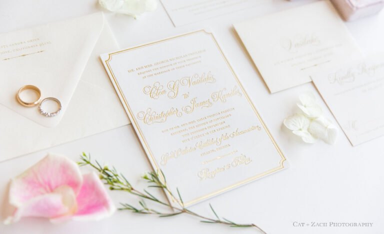 Gate Folded Invitations: These architectural masterpieces unfold to reveal wedding details with dramatic elegance, perfect for formal weddings in Atlanta and Augusta Foil Lined Envelopes: Add luxury from the moment guests open their mail, with rich metallic linings that complement any wedding theme Foil Embossed Stationery: Metallic foil creates dimension and catches light beautifully, ideal for evening wedding invitations Embossed Stationery: Classic raised impressions add texture and sophistication to traditional wedding invitations