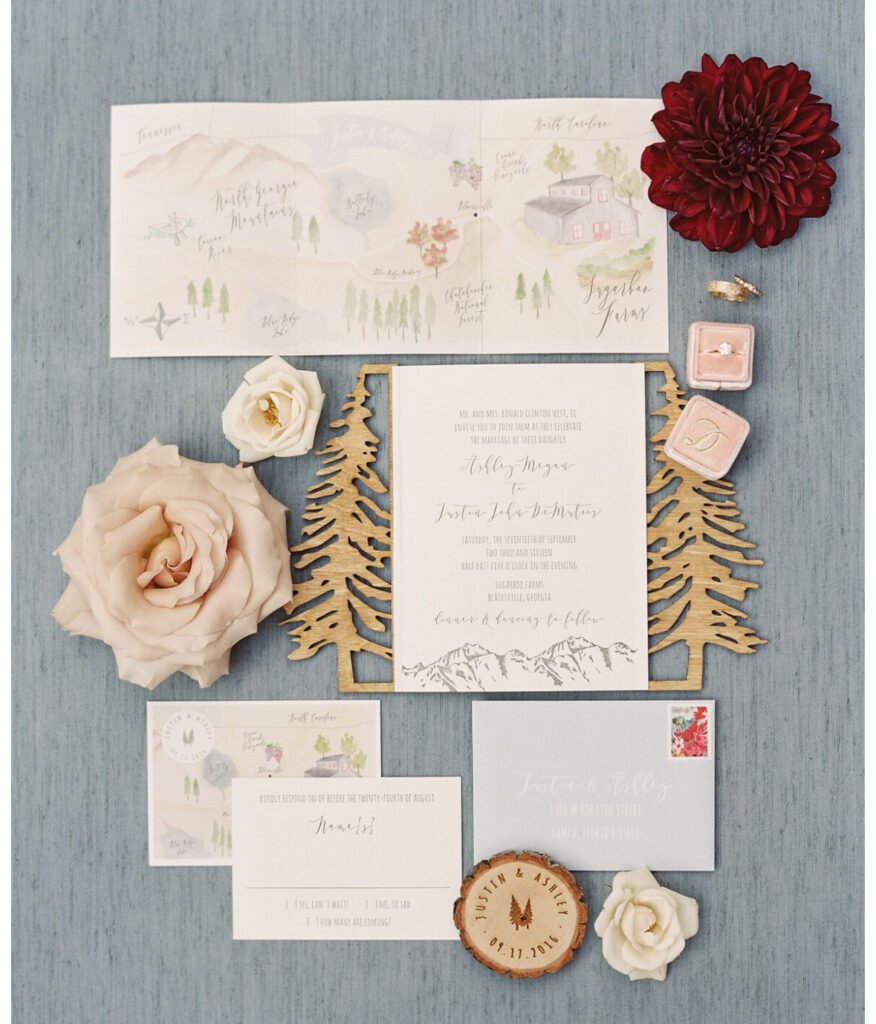 Gate Folded Invitations: These architectural masterpieces unfold to reveal wedding details with dramatic elegance, perfect for formal weddings in Atlanta and Augusta Foil Lined Envelopes: Add luxury from the moment guests open their mail, with rich metallic linings that complement any wedding theme Foil Embossed Stationery: Metallic foil creates dimension and catches light beautifully, ideal for evening wedding invitations Embossed Stationery: Classic raised impressions add texture and sophistication to traditional wedding invitations