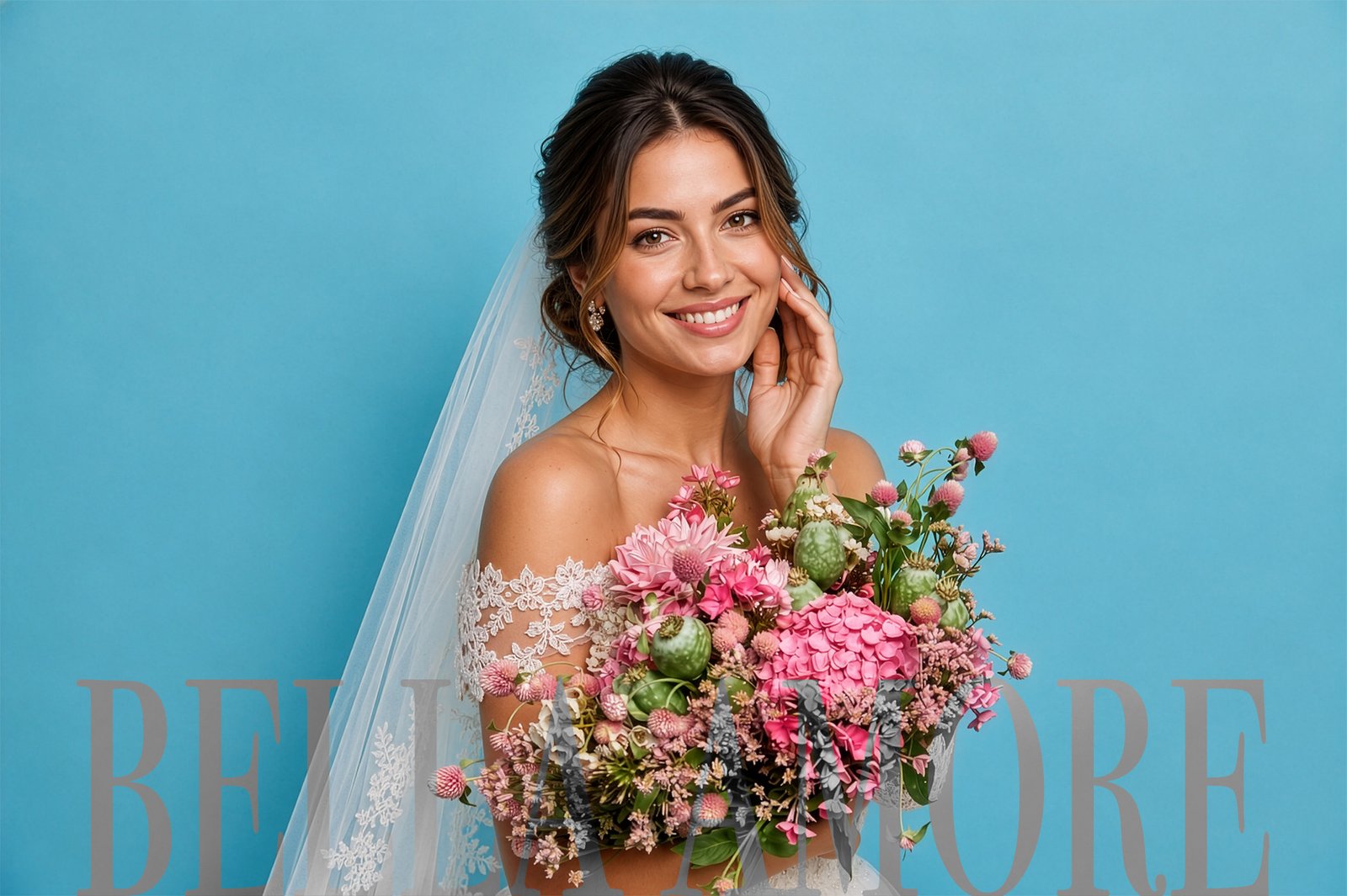 Bella Amore Photography picture of a beautiful bride with editorial magazine text overlaid