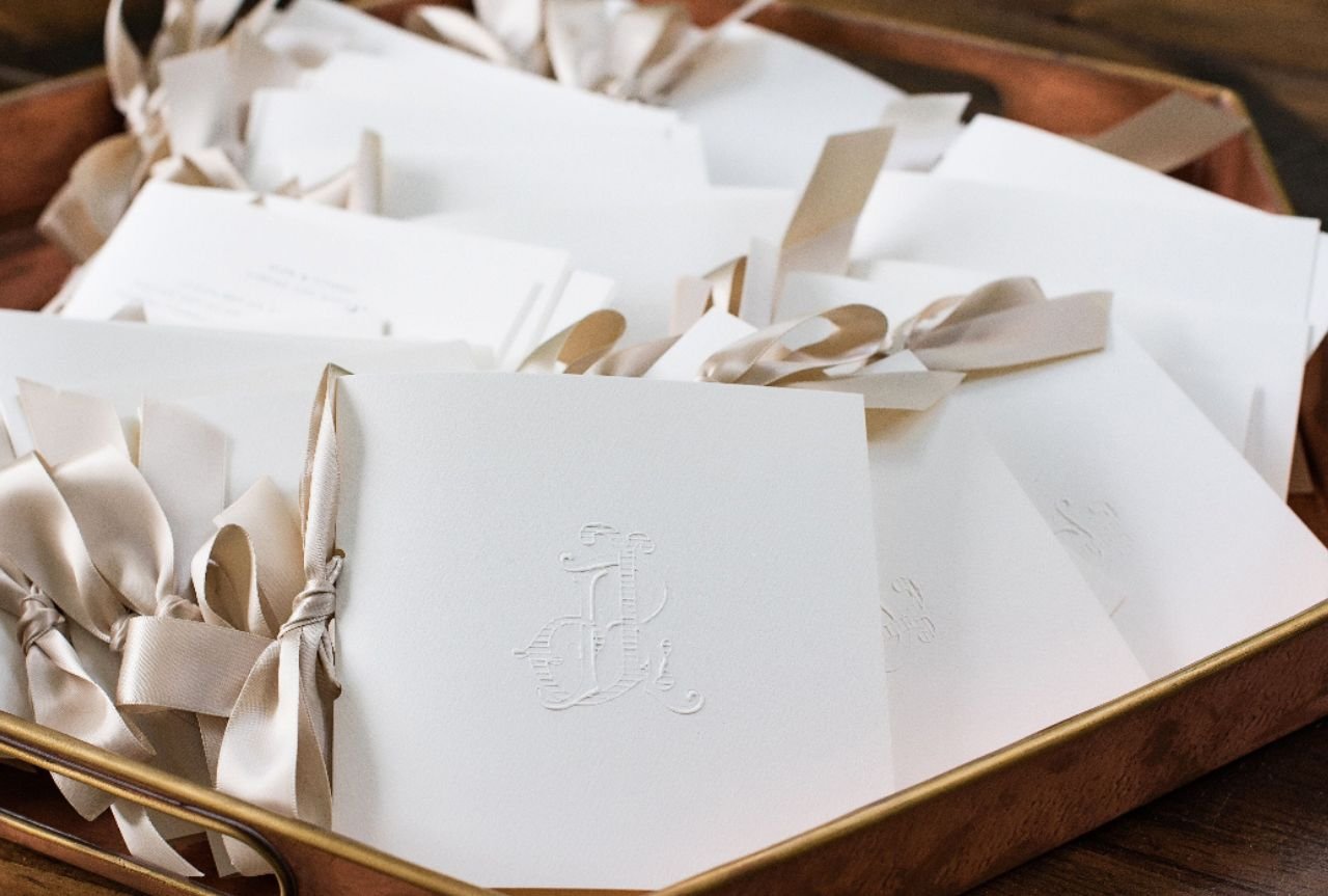 this is a picture of wedding or event invitations in a basket with ribbons, a commercial photograph for businesses