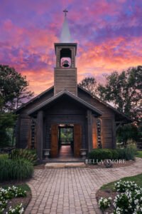 Pine Knolls Event Center's Outdoor Chapel in Appling Georgia, beautiful sunset that shines through the bell at the top of the steeple