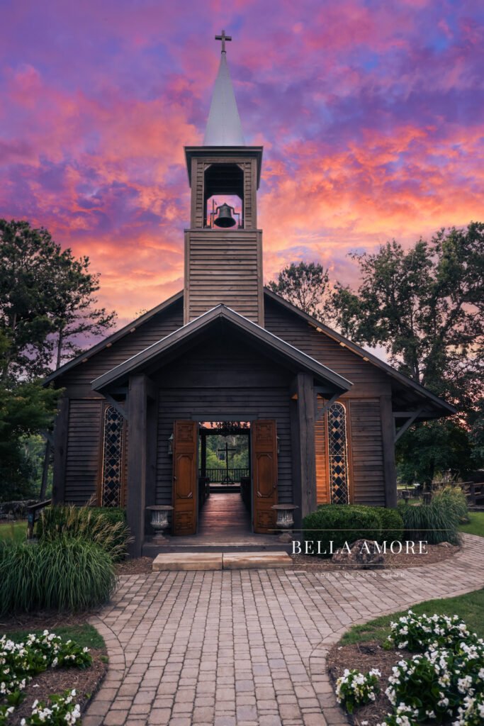 Pine Knolls Event Center's Outdoor Chapel in Appling Georgia, beautiful sunset that shines through the bell at the top of the steeple