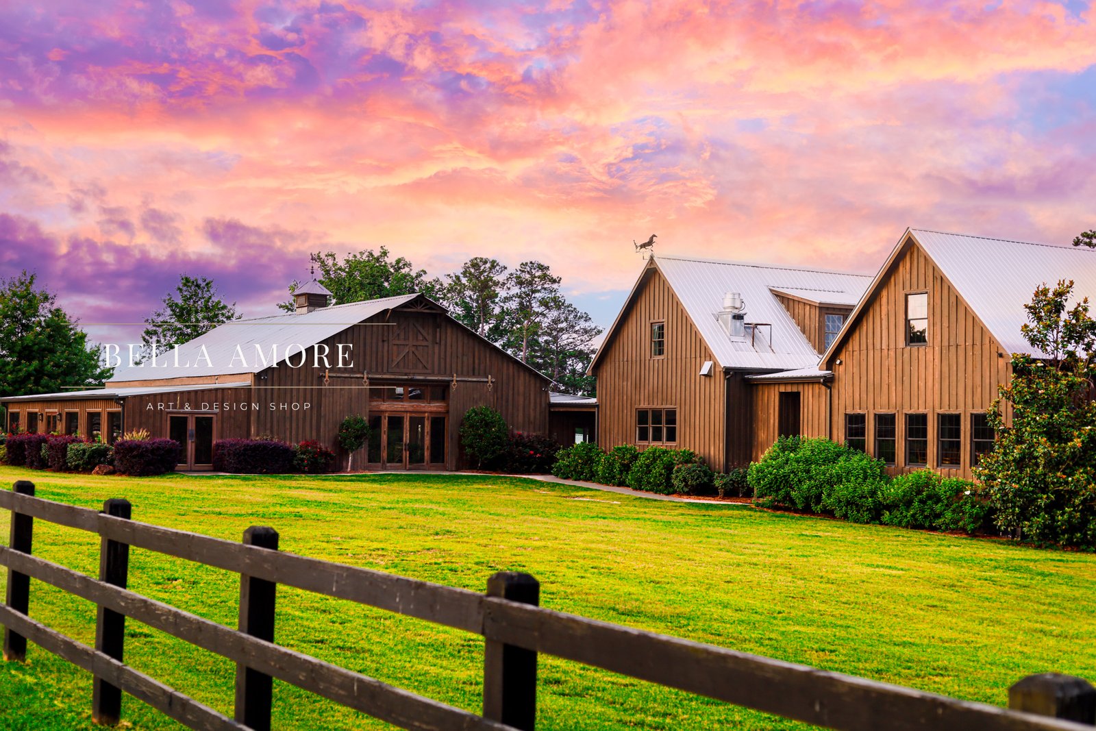 Photography services of Pine Knolls Event Center's Outdoor Chapel in Appling Georgia, beautiful sunset falls over the catering banquet hall for wedding receptions