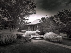 Monochrome photograph of the bridal suites at Pine Knolls Farms Event Center in Appling, Georgia