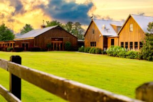 Pine Knolls Event Center's Outdoor Chapel in Appling Georgia, beautiful sunrise sky that shines over the top of the event center's banquet hall and reception space.