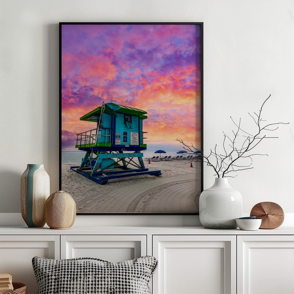 Fine Art Print of Miami Beach showing the super colorful lifeguard shacks along the shoreline