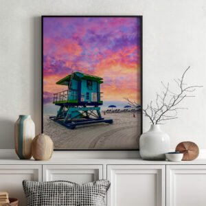 Fine Art Print of Miami Beach showing the super colorful lifeguard shacks along the shoreline