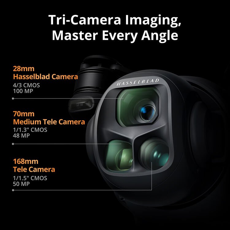 DJI Mavic Pro 4 Drone for Aerial Photography, this is a product image and it features the 28mm Hasselblad camera with 4/3 CMOS 100 MP camera, 70mm medium telephoto camera, 1/1.3" CMOS 48mp, 168mm tele camera with 1/1.5" CMOS 50 MP camera