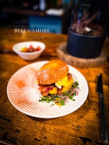 Professional Food photography - picture of gourmet breakfast brunch sandwich in a restaurant setting