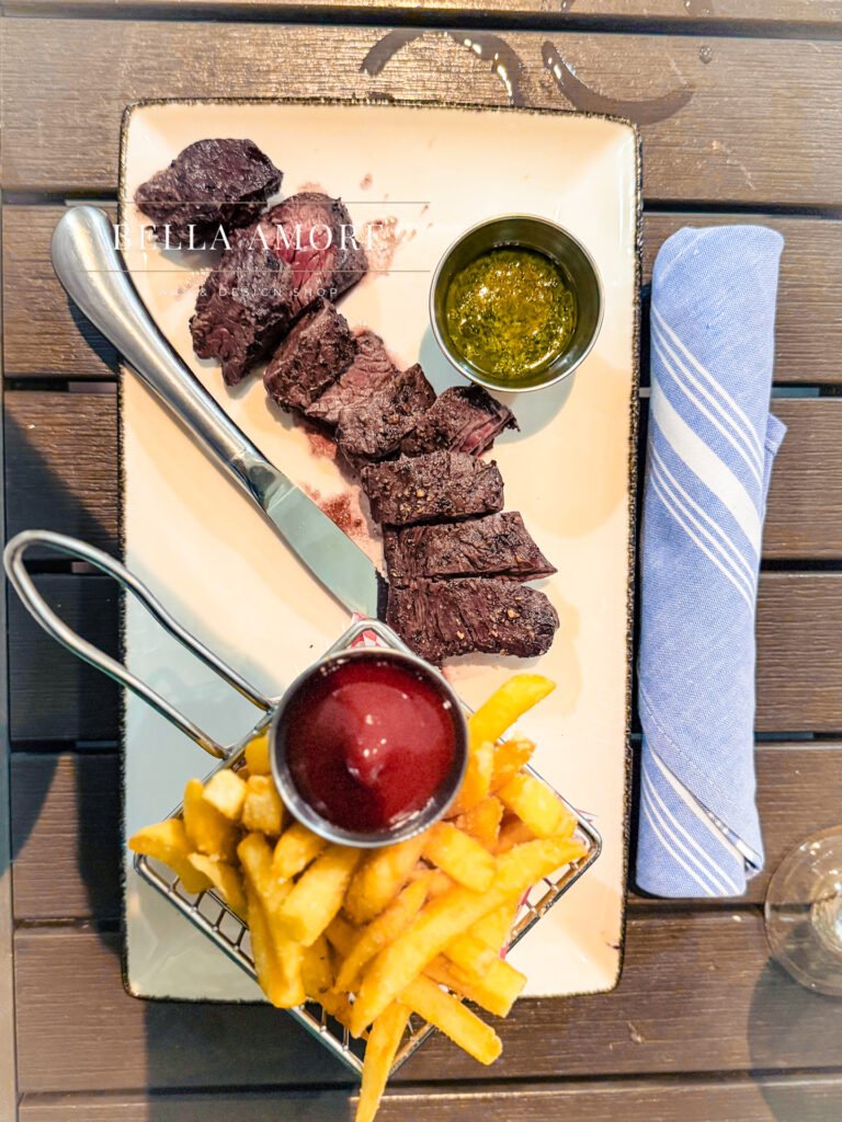 Professional Food photography - picture of a plated steak tips with a basket of French fries