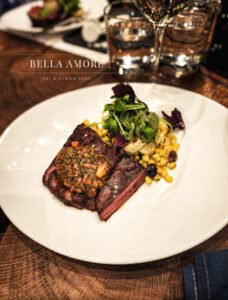 Professional Food photography - picture of a plated steak, filet mignon with sautéed green beans