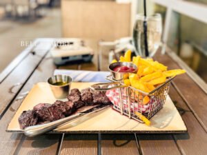 Professional Food photography - picture of a plated steak tips with a basket of French fries