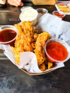 Professional Food photography - picture of a prepared basket of chicken fingers with dipping sauces