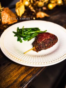 Professional Food photography - picture of a plated steak, filet mignon with sautéed green beans
